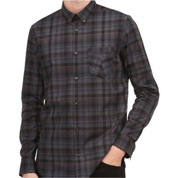 Calvin Klein Infinite Plaid Non-Iron Sport Shirt-BLACK-Large - Picture 1 of 5